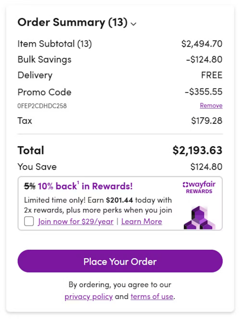 Order summary wayfair discount